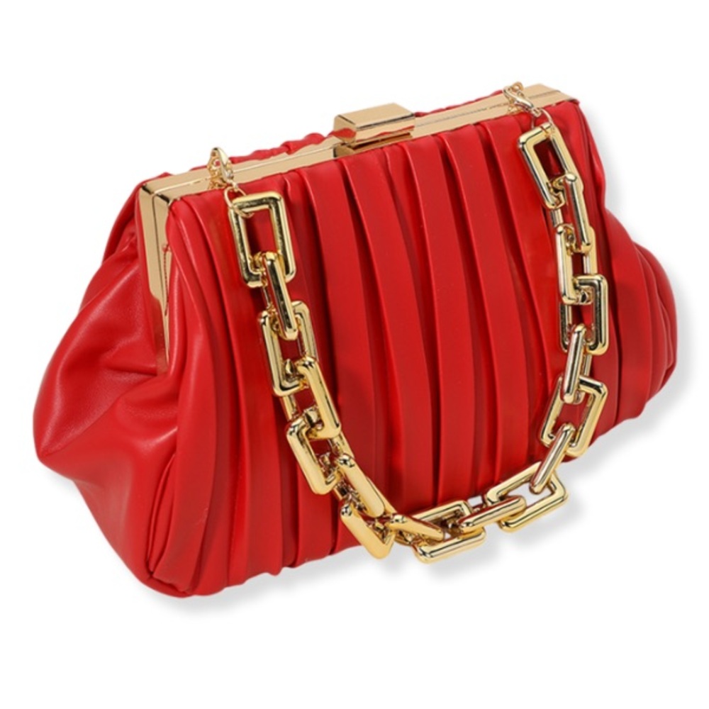 NWT A winner Red Pleated Clutch with Gold Chain Handle